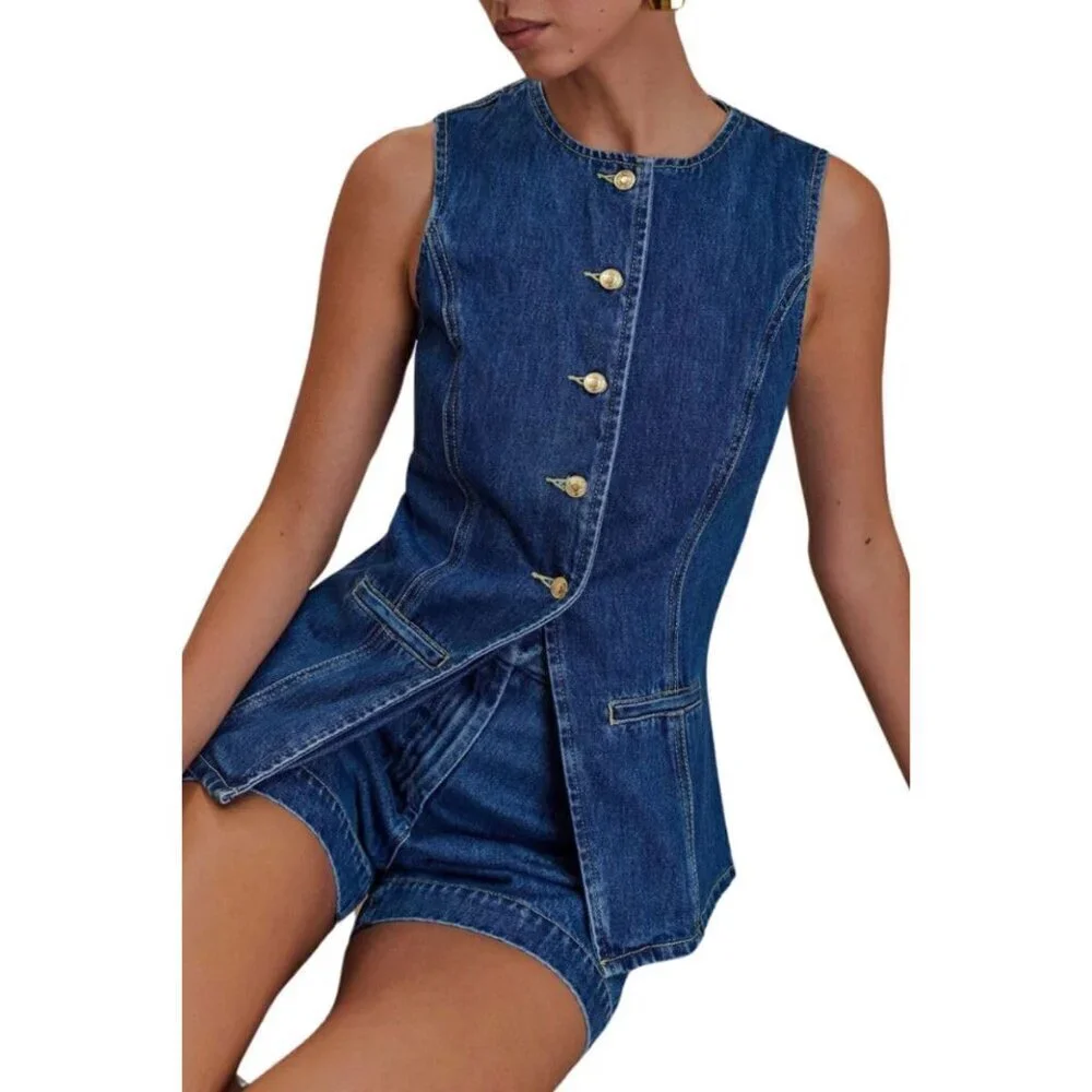 Women's Denim 2 Piece Set Sleeveless Button High Waist Shorts Casual Outfit